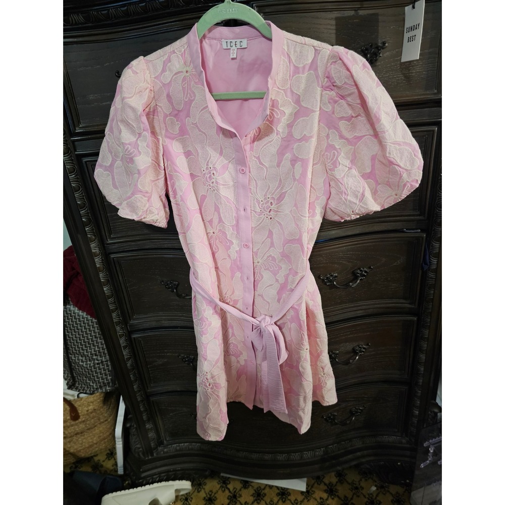 TCEC Pink Floral Embroidered Puff Sleeve Mini Dress Button Front Tie Waist Small